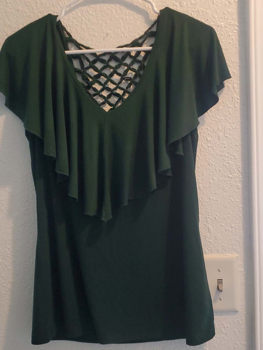 Women's Dark Green Ruffled V-Neck Blouse with Lattice Back